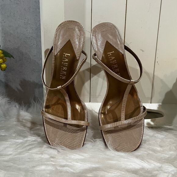 LRL Ralph Lauren Leather T-Strap Metallic High Heel Snakeskin Slides Sandals 5.5 - Picture 6 of 13